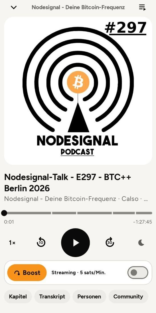 Hopp-Player mit Nodesignal-Cover, Wiedergabesteuerung, Boost, Sats-Streaming und Schnellzugriffen